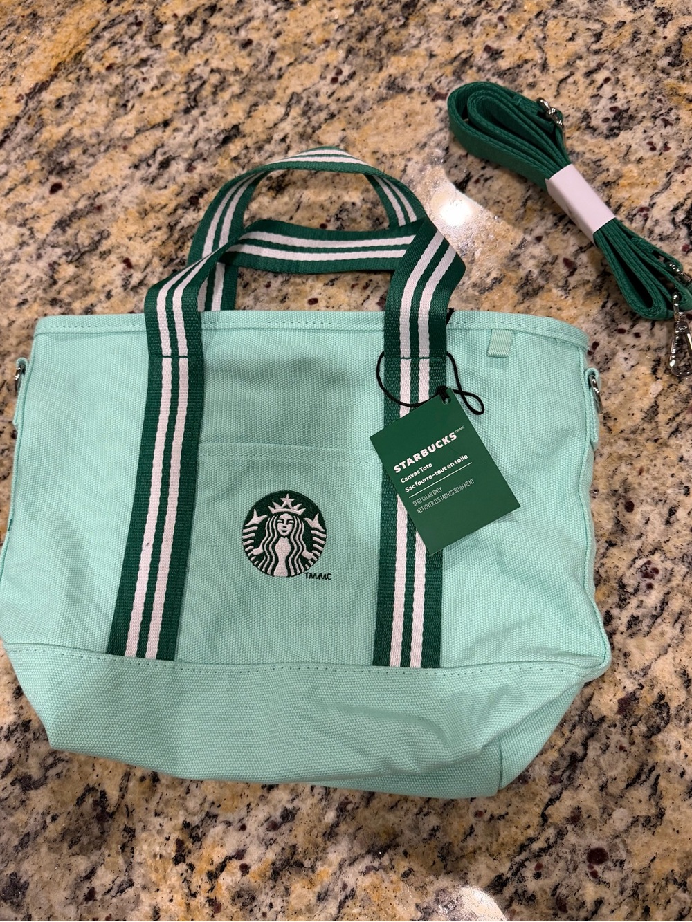 NWT Starbucks Mint Green Blue Canvas Tote Bag Dark Green Straps Zipper Road Trip - Picture 2 of 8